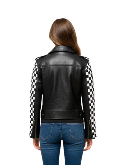 Black leather jacket with checkered sleeves worn by a person on a white background