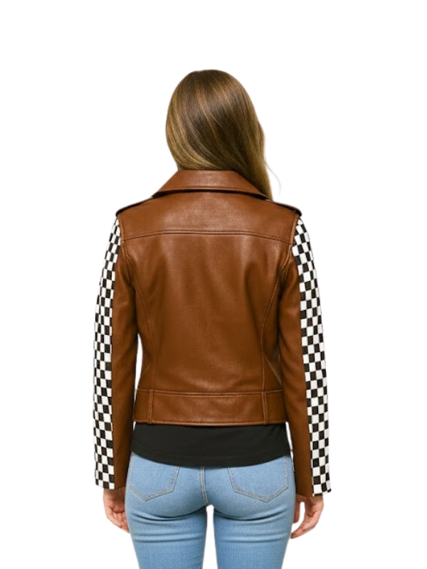 Brown leather jacket with checkered sleeves worn by a person on a white background