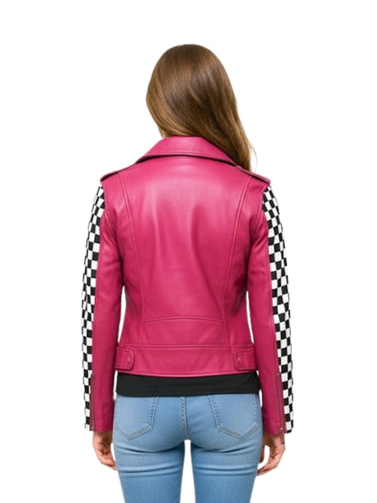 Pink leather jacket with checkered sleeves worn by a person on a white background