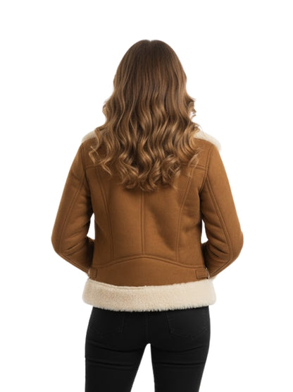 Person wearing a brown leather jacket with white fur lining on a white background