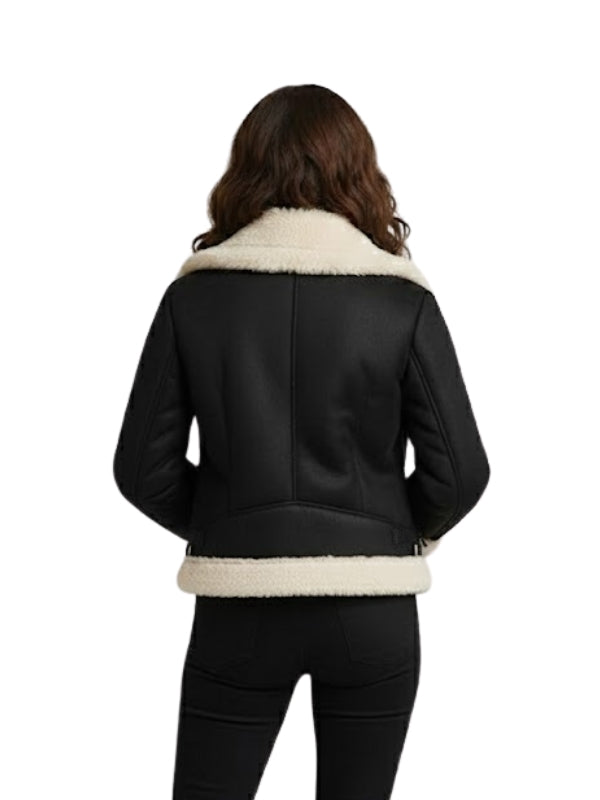 Black leather jacket with white fur lining worn by a person on a white background