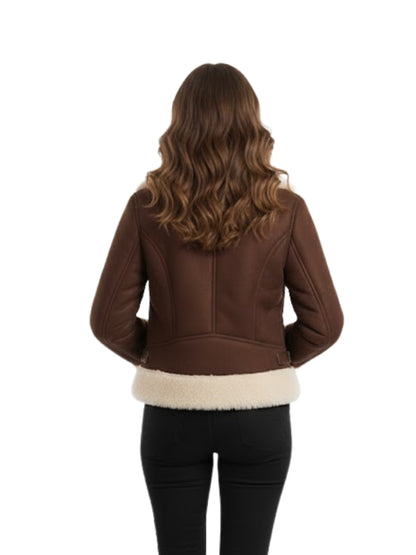 Brown leather jacket with white fur trim worn by a person on a white background