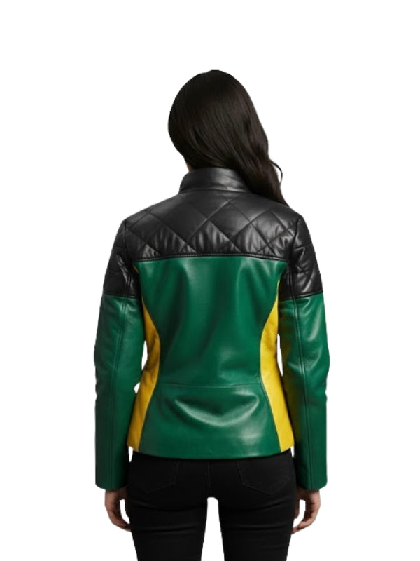 Green and black leather jacket with yellow accents on a white background