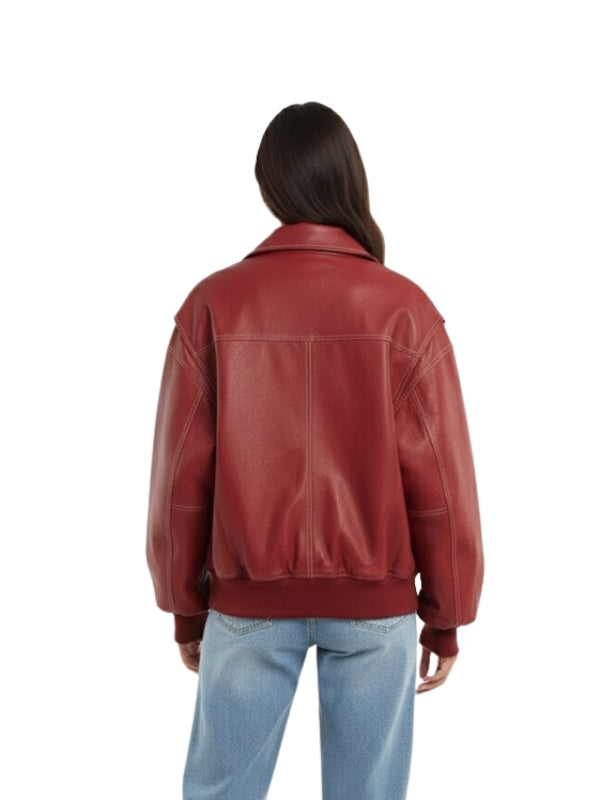 Person wearing a red leather jacket on a white background