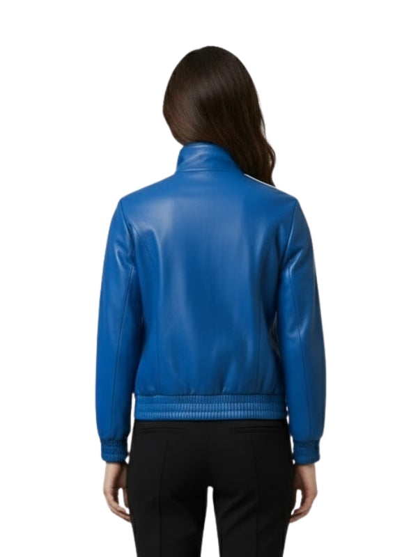 Blue leather jacket worn by a person on a white background