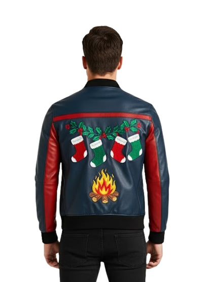 Person wearing a festive jacket with stockings and a campfire design on a white background