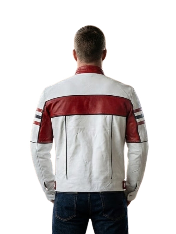 White and red leather jacket worn by a person on a white background