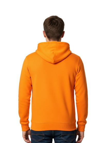 Person wearing an orange hoodie on a white background