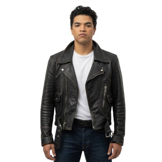Man wearing a black leather jacket on a white background