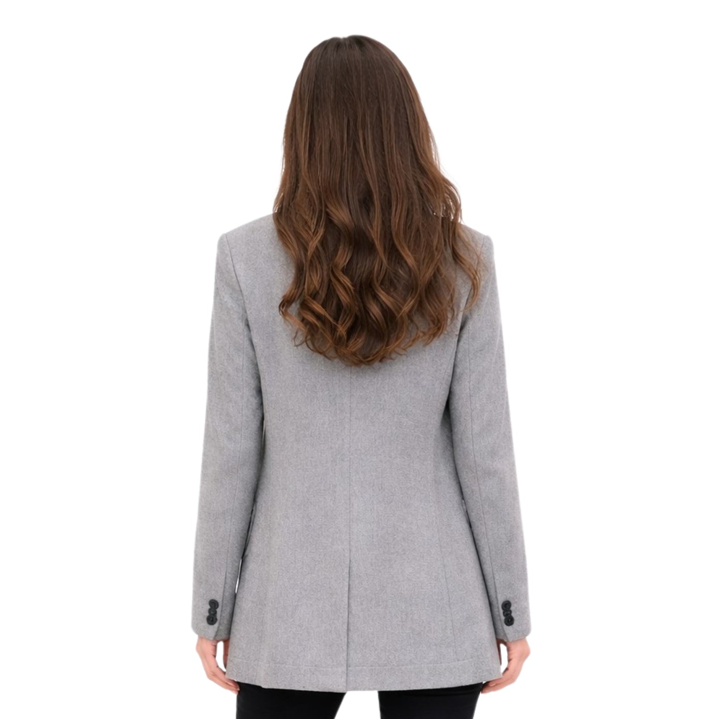 Woman wearing a gray coat from behind on a white background
