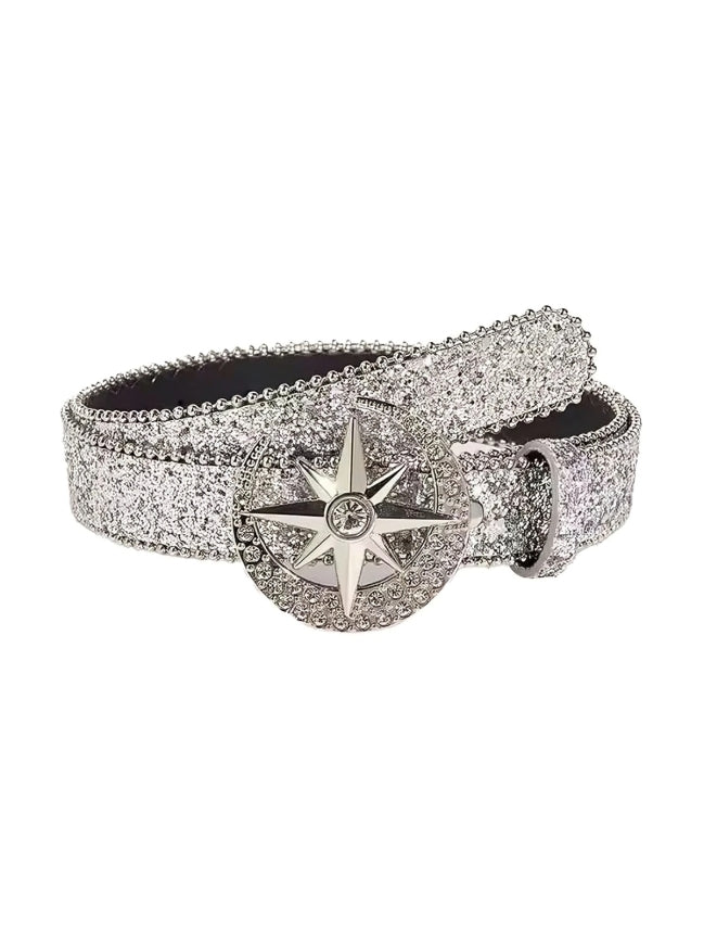 Silver glittery belt with star-shaped buckle on a white background