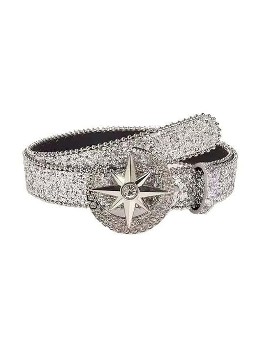 Silver glittery belt with star-shaped buckle on a white background