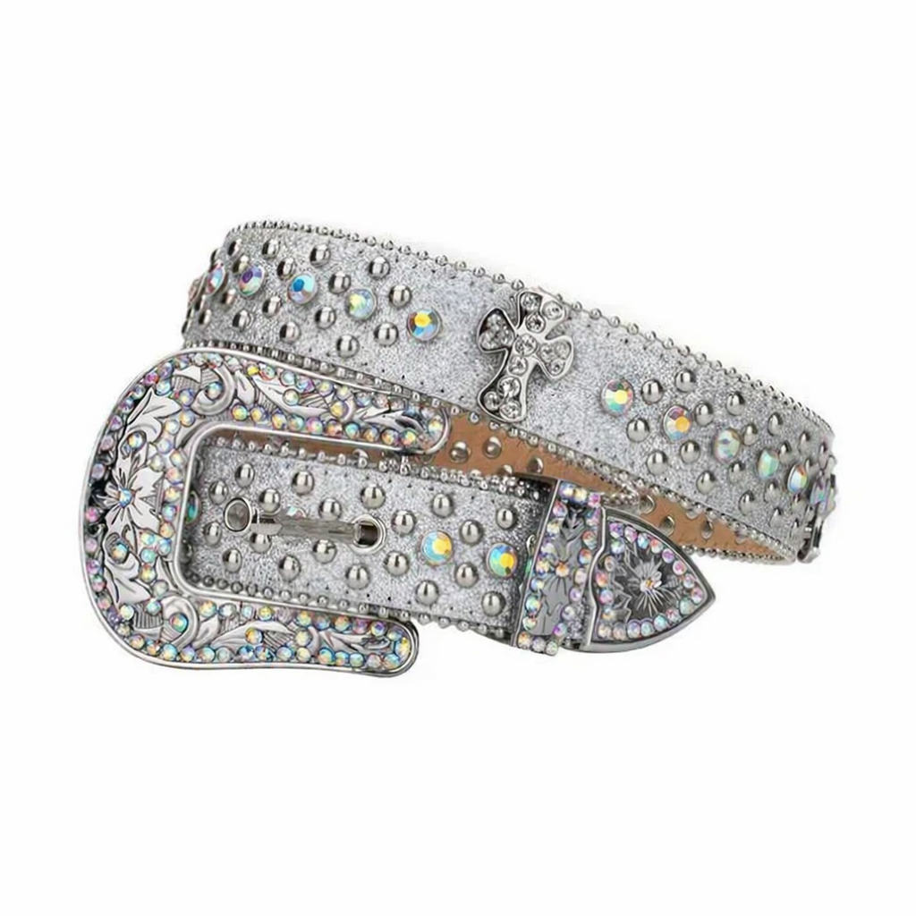 Decorative belt with crystals and cross design on a white background