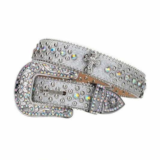 Decorative belt with crystals and cross design on a white background