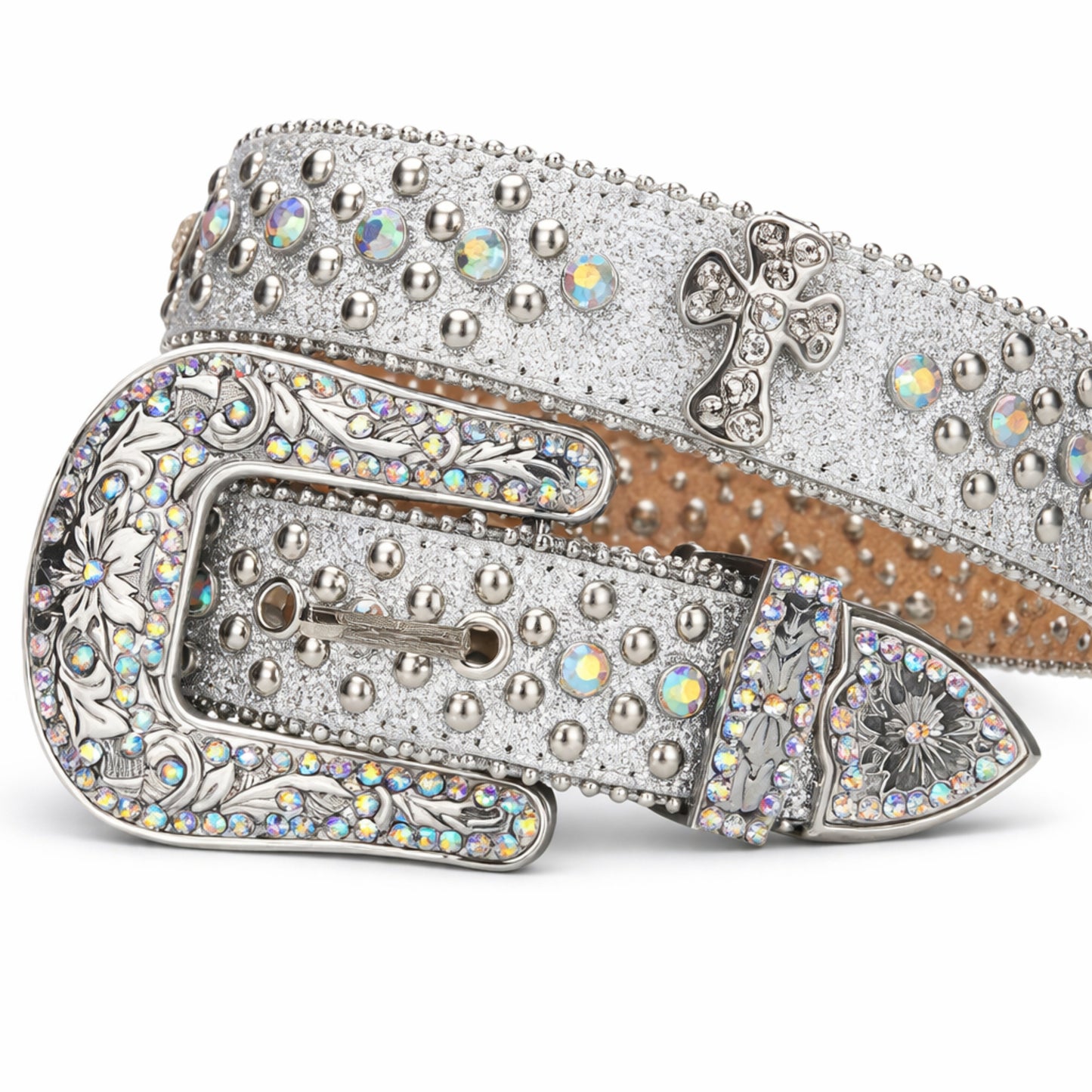 Decorative belt with silver buckle and gemstones on a white background
