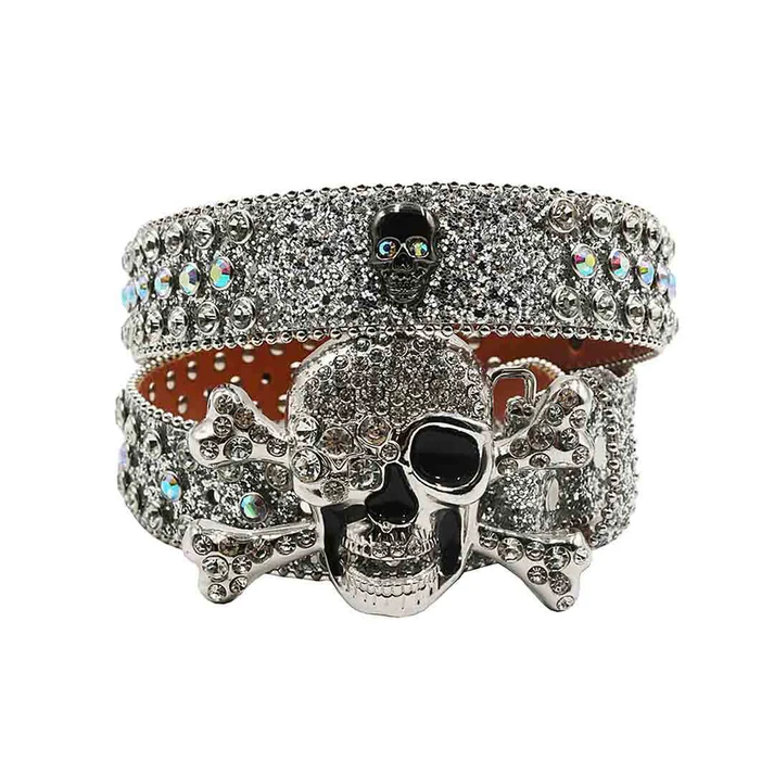 Silver skull bracelet with clear stones on a white background