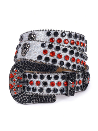 Belt with black and red gemstones on a white background