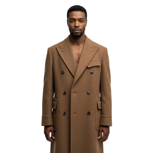 Man wearing a brown overcoat on a white background