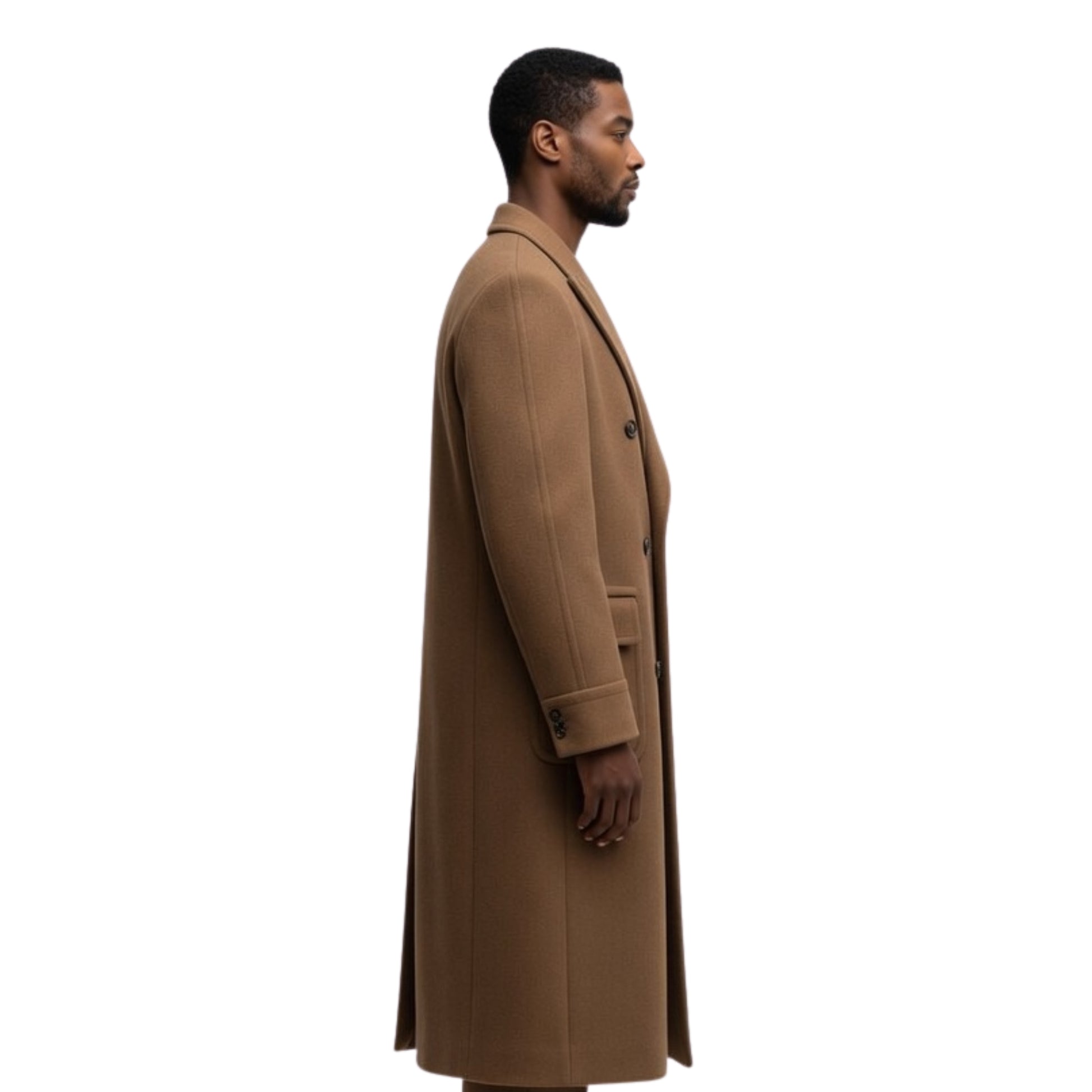 Man wearing a brown coat on a white background