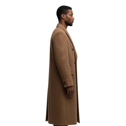 Man wearing a brown coat on a white background