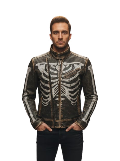 Man wearing a black leather jacket with skeleton design on a white background