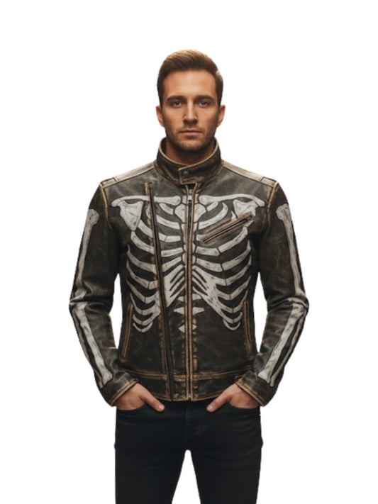 Man wearing a black leather jacket with skeleton design on a white background