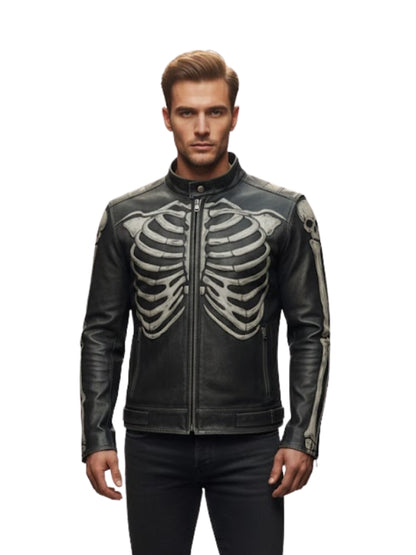 Man wearing a black leather jacket with skeleton design on a white background