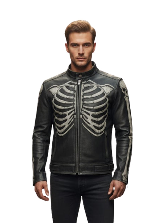 Man wearing a black leather jacket with skeleton design on a white background