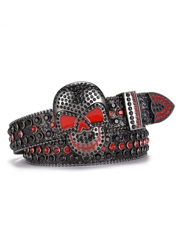 Belt with skull design and red accents on a white background