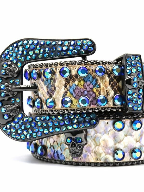 Skull Buckle Blue Rhinestone Western Belt
