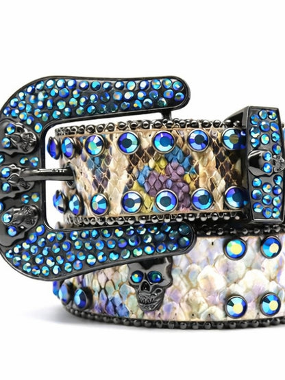 Skull Buckle Blue Rhinestone Western Belt