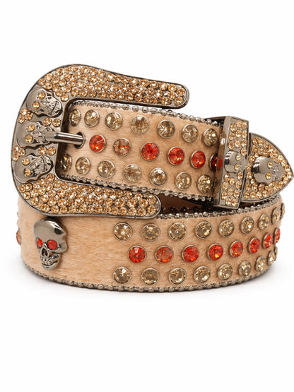 Decorative belt with gemstones and skull design on a white background