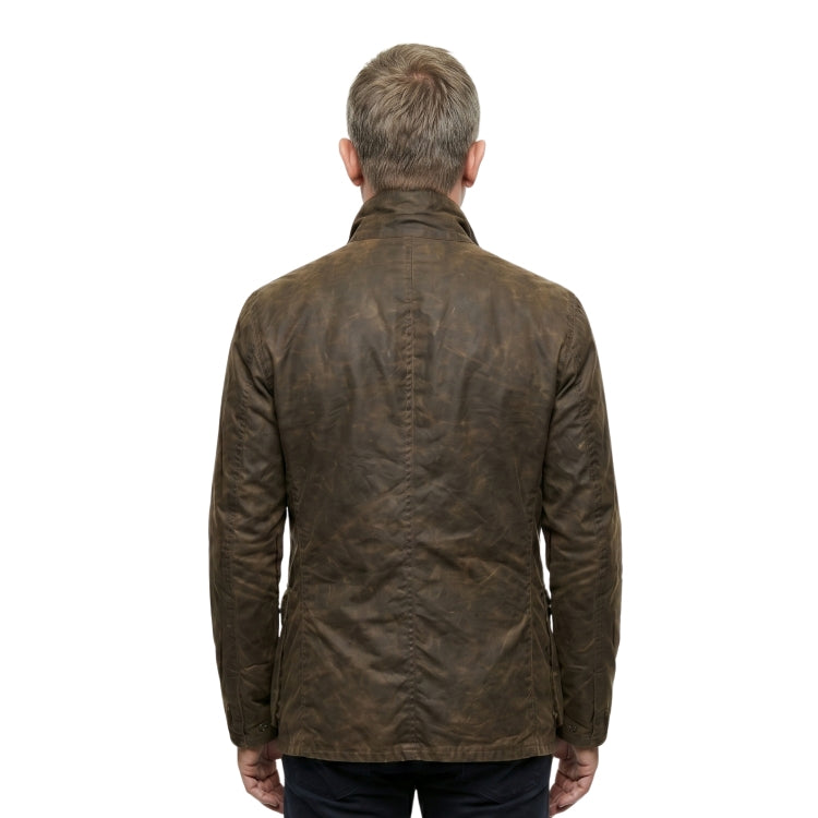 Brown leather jacket worn by a person on a white background