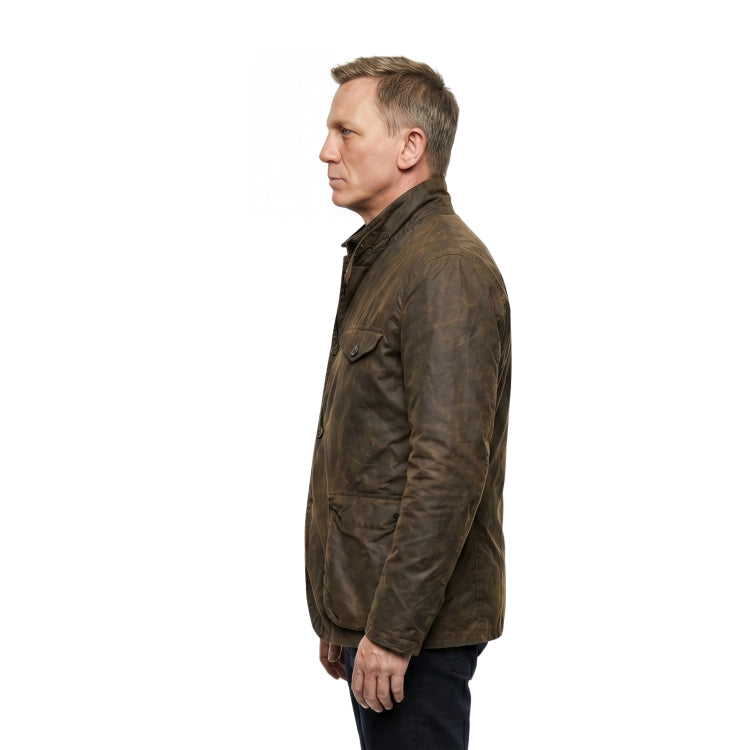 Man wearing a brown leather jacket on a white background