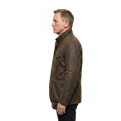 Man wearing a brown leather jacket on a white background
