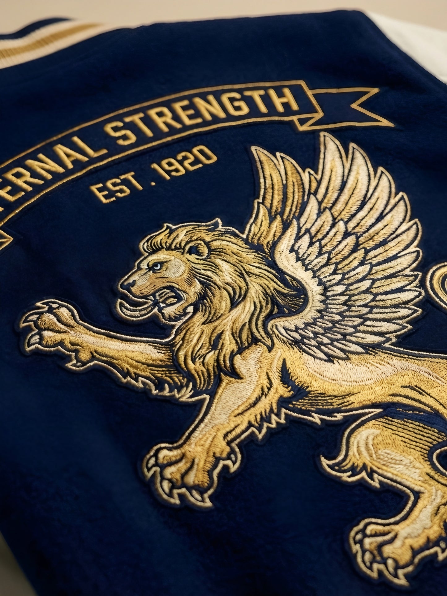 Embroidered lion design on a blue fabric with 'Eternal Strength' text.