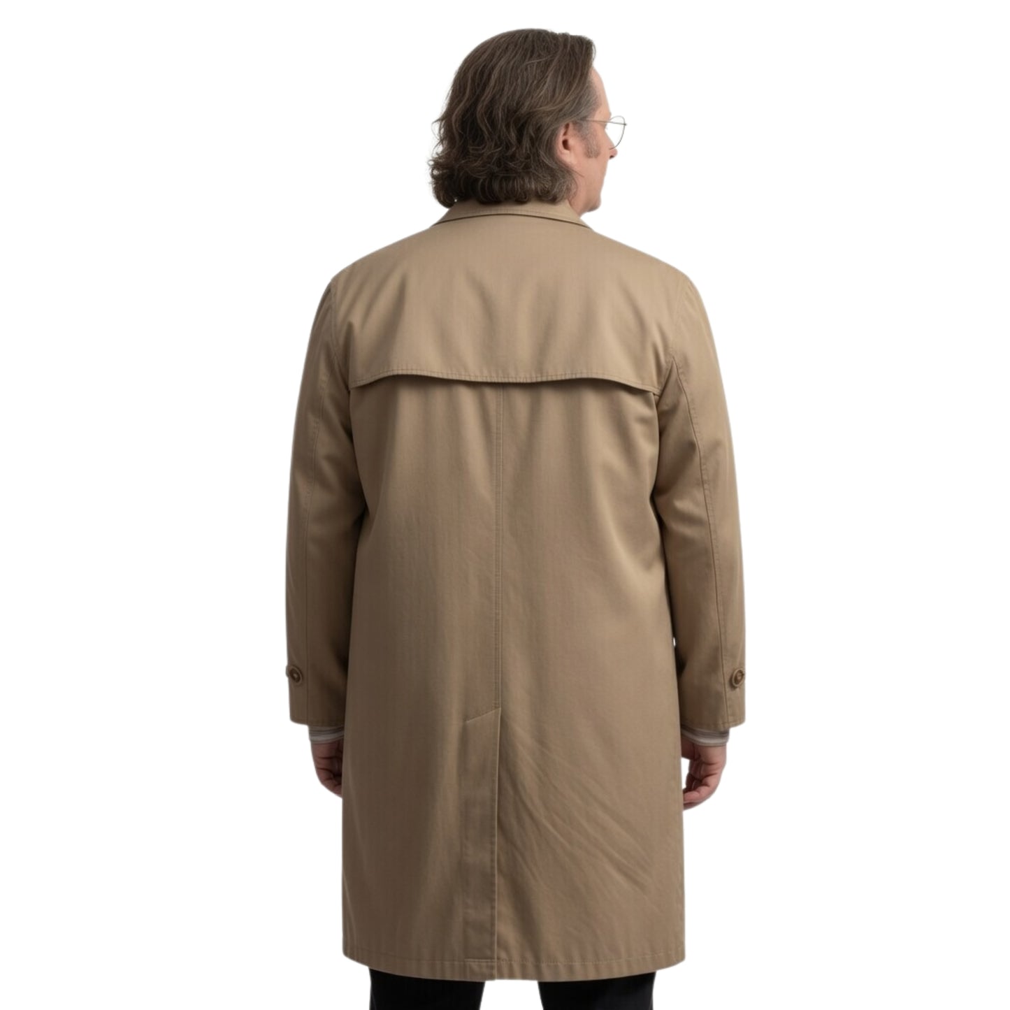 Man wearing a beige trench coat on a white background