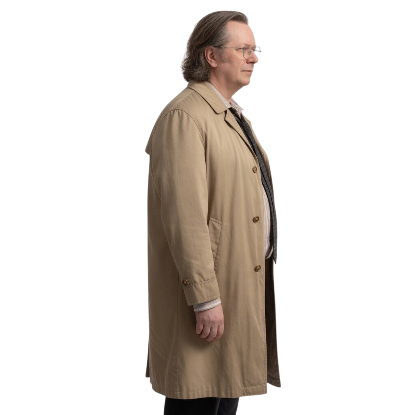 Man wearing a beige trench coat on a white background