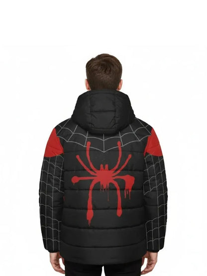 Spider-Man Miles Morales kids black and red puffer jacket featuring a fun superhero design for cold weather
