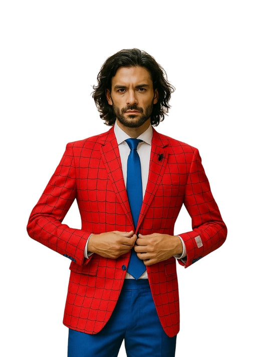 Man wearing a red checkered suit with a blue tie on a white background