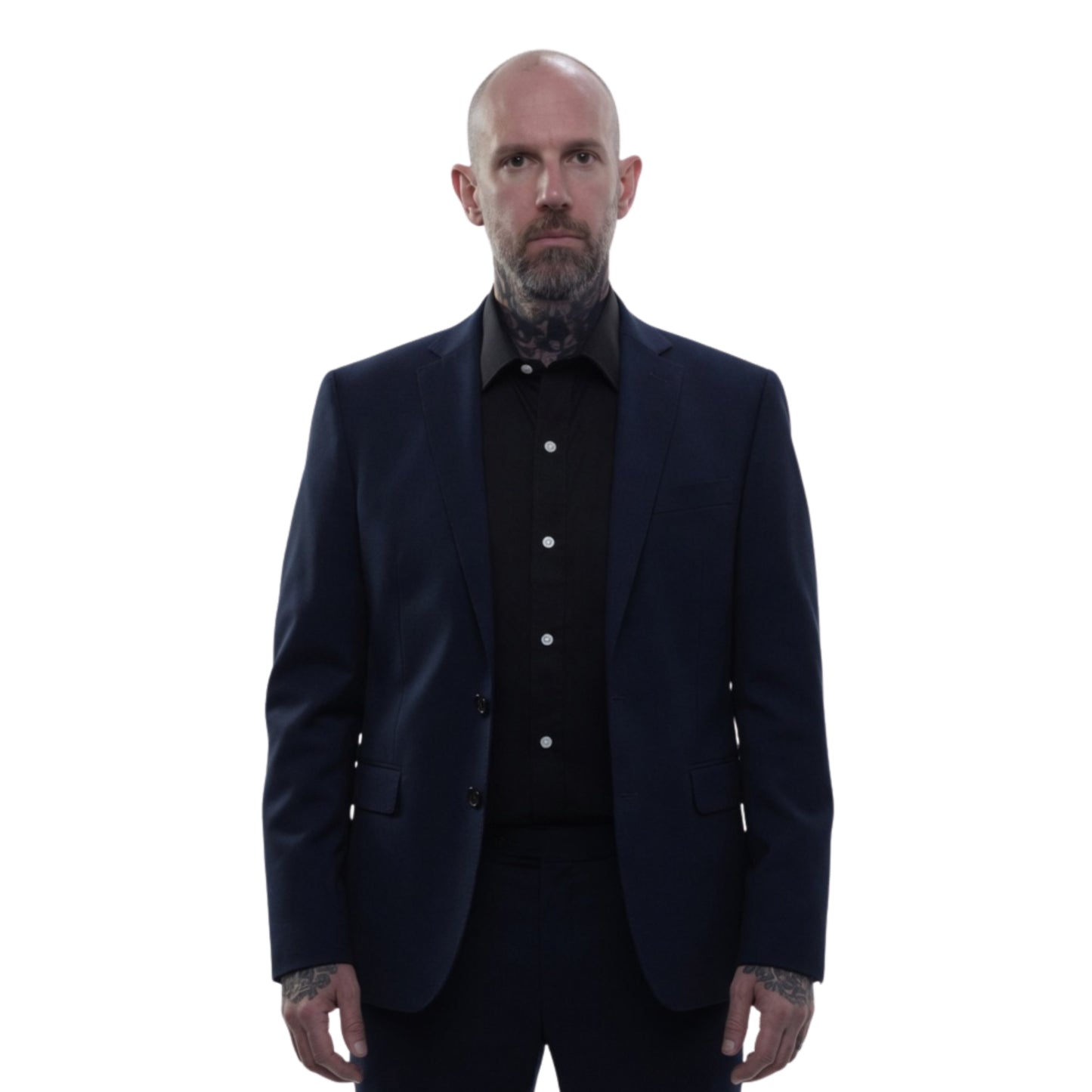 Man wearing a dark suit and shirt on a white background