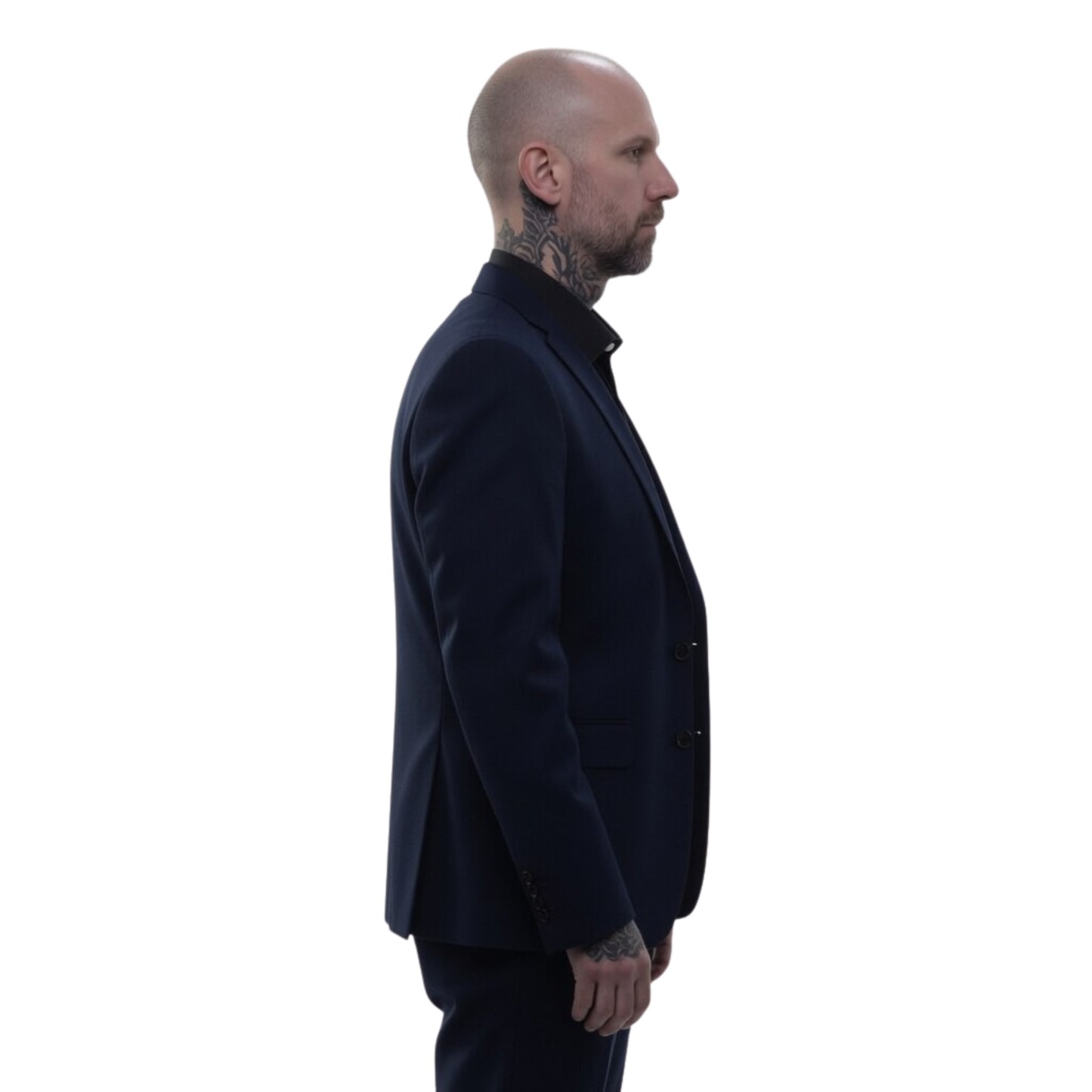 Man wearing a dark suit jacket on a white background