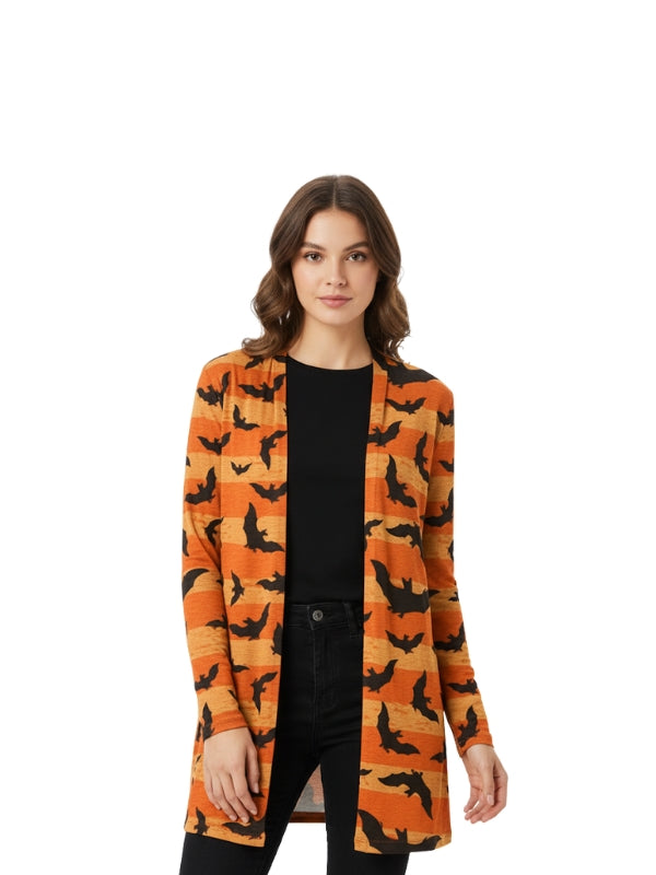 Spooky-Chic Halloween Bat Print Orange Blazer