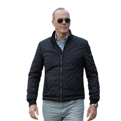 Man wearing a black quilted jacket and sunglasses on a white background