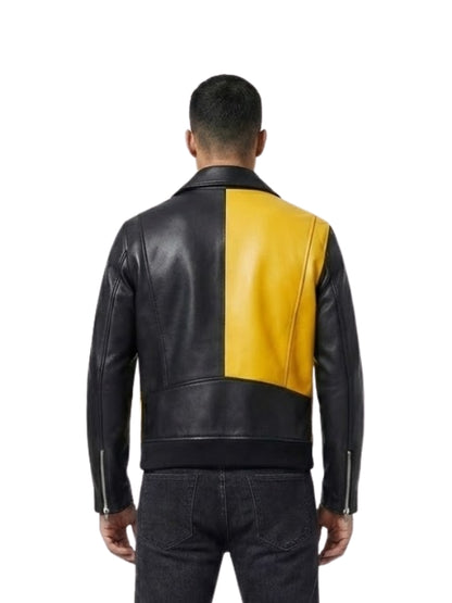 Men's Yellow & Black Cowhide Leather Biker Jacket