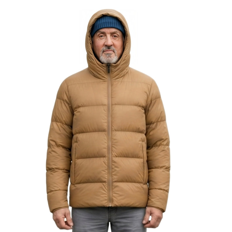 Man wearing a brown puffer jacket on a white background