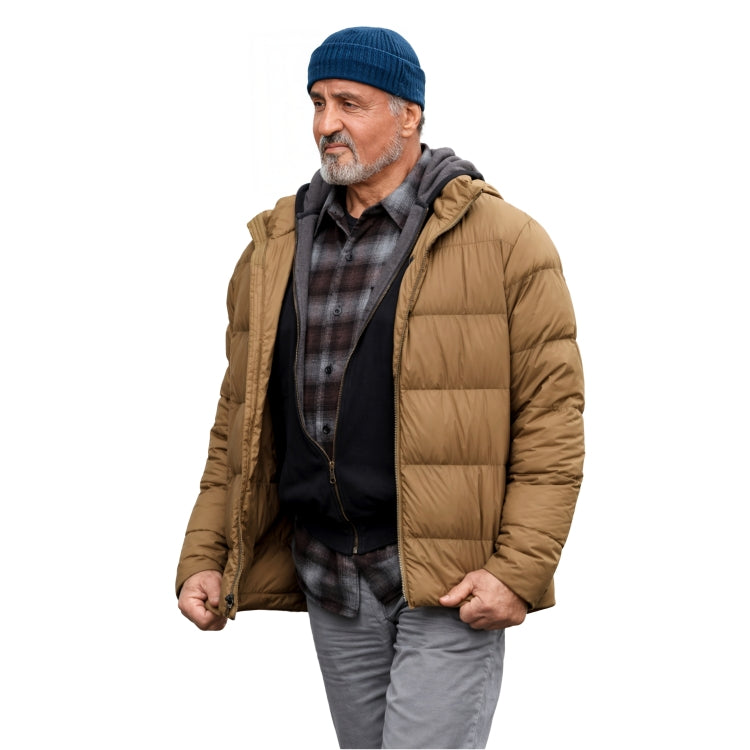 Man wearing a brown puffer jacket, plaid shirt, and blue beanie on a white background