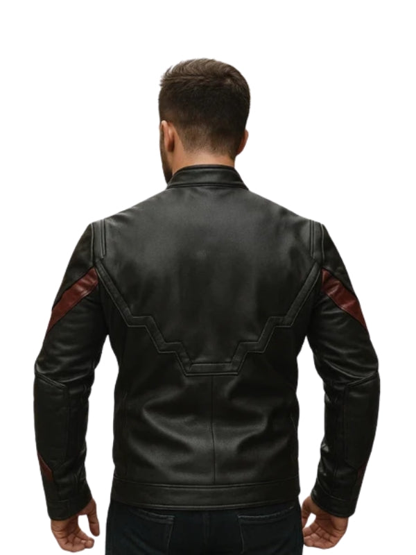 Black leather jacket with red accents on a white background