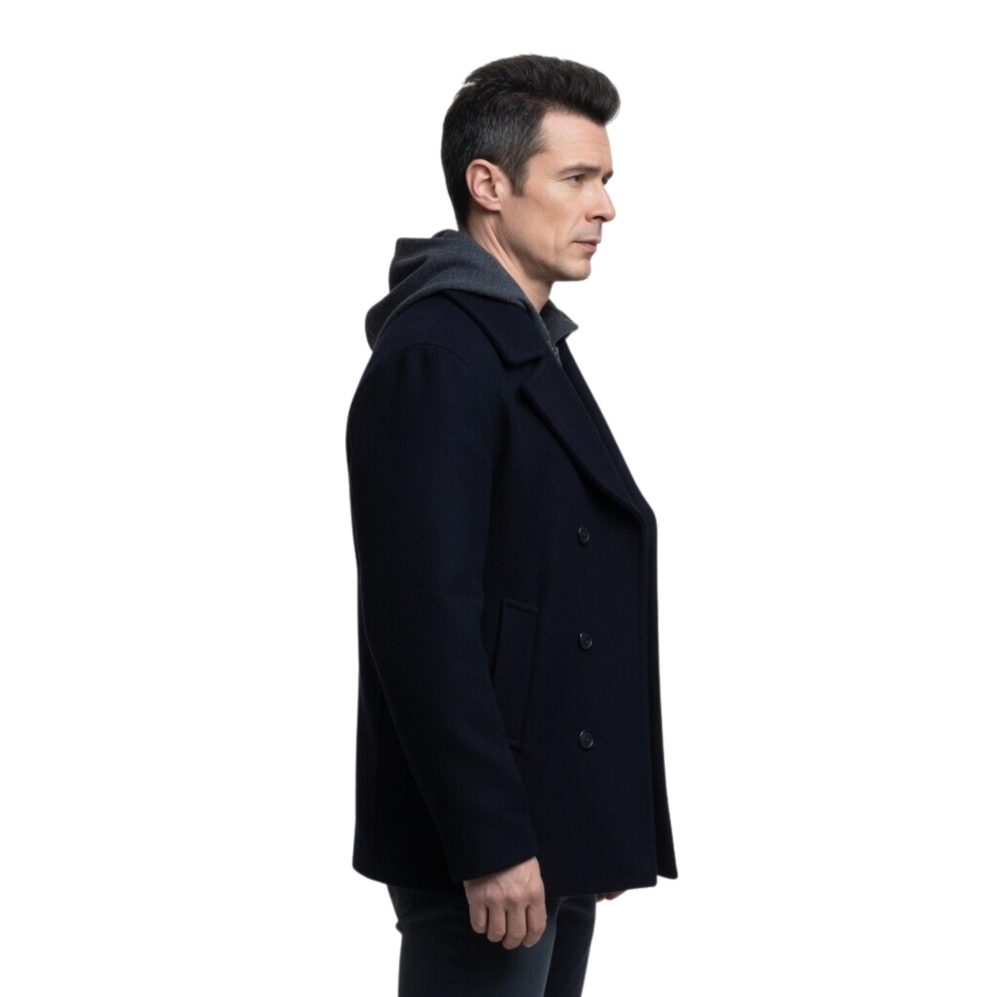 Man wearing a black coat on a white background