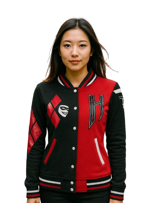 Person wearing a black and red varsity jacket with a logo on a white background